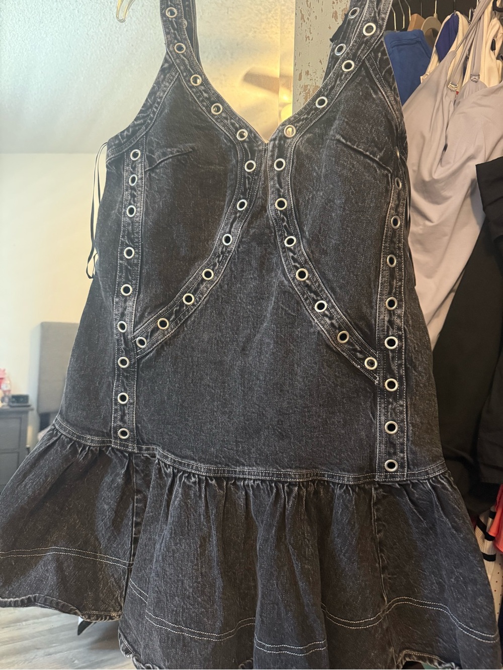 Pilcro Anthropologie Black Washed Denim Eyelet Ruffle Mini Dress